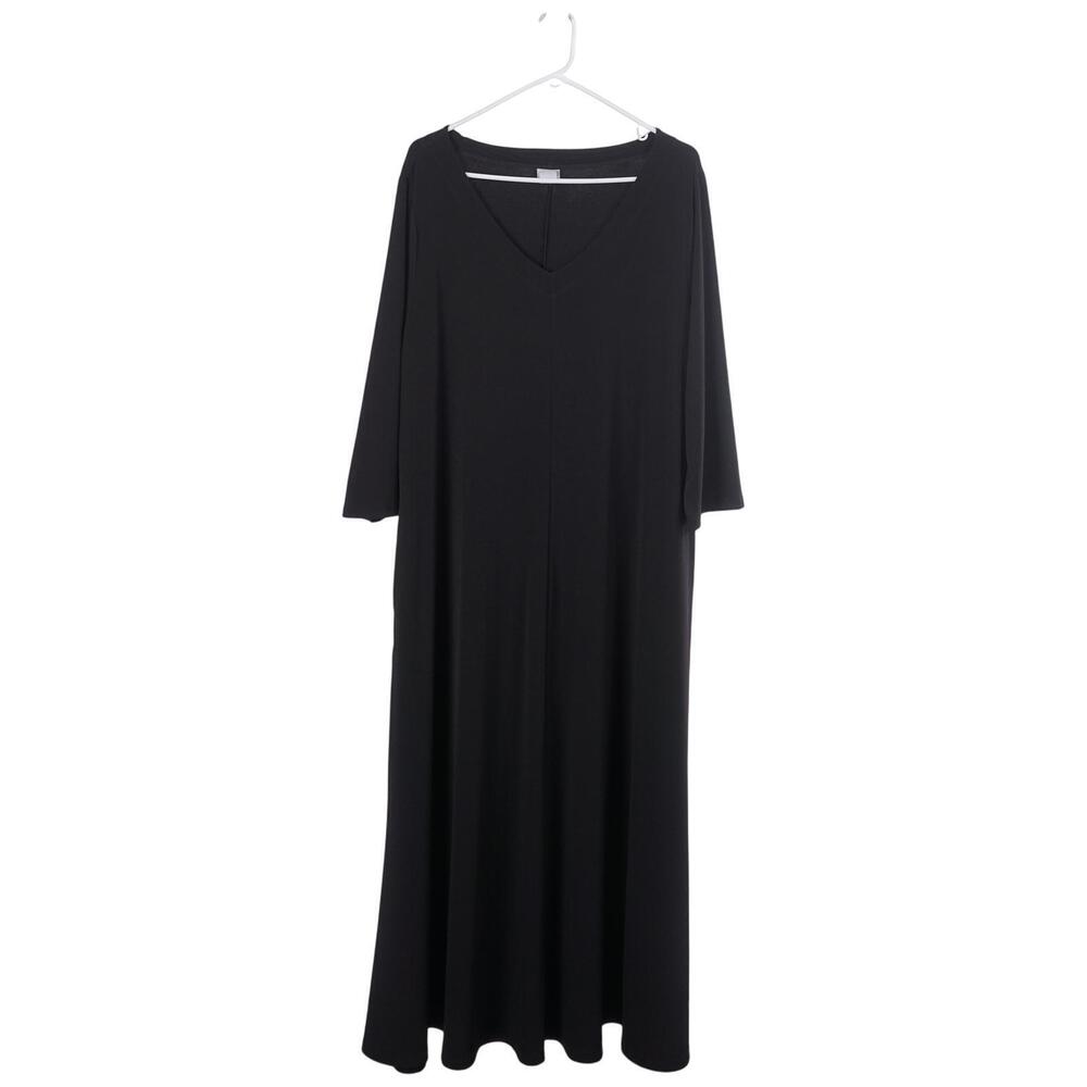 Chico's Dress Size 3 16/18 Black V-Neck 3/4 Sleeve Pockets Stretch Maxi A-Line